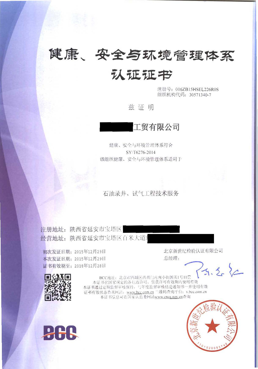 HSE石油行業(yè)健康、安全、環(huán)境管理體系證書(shū)